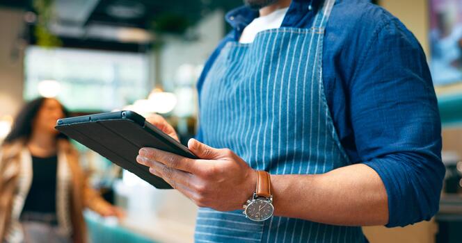 business-owner-hands-and-tablet-for-cafe-or-restaurant-marketing-online-management-and-customer-services-barista-waiter-or-person-typing-on-digital-technology-for-coffee-shop-data-or-check-profit-photo